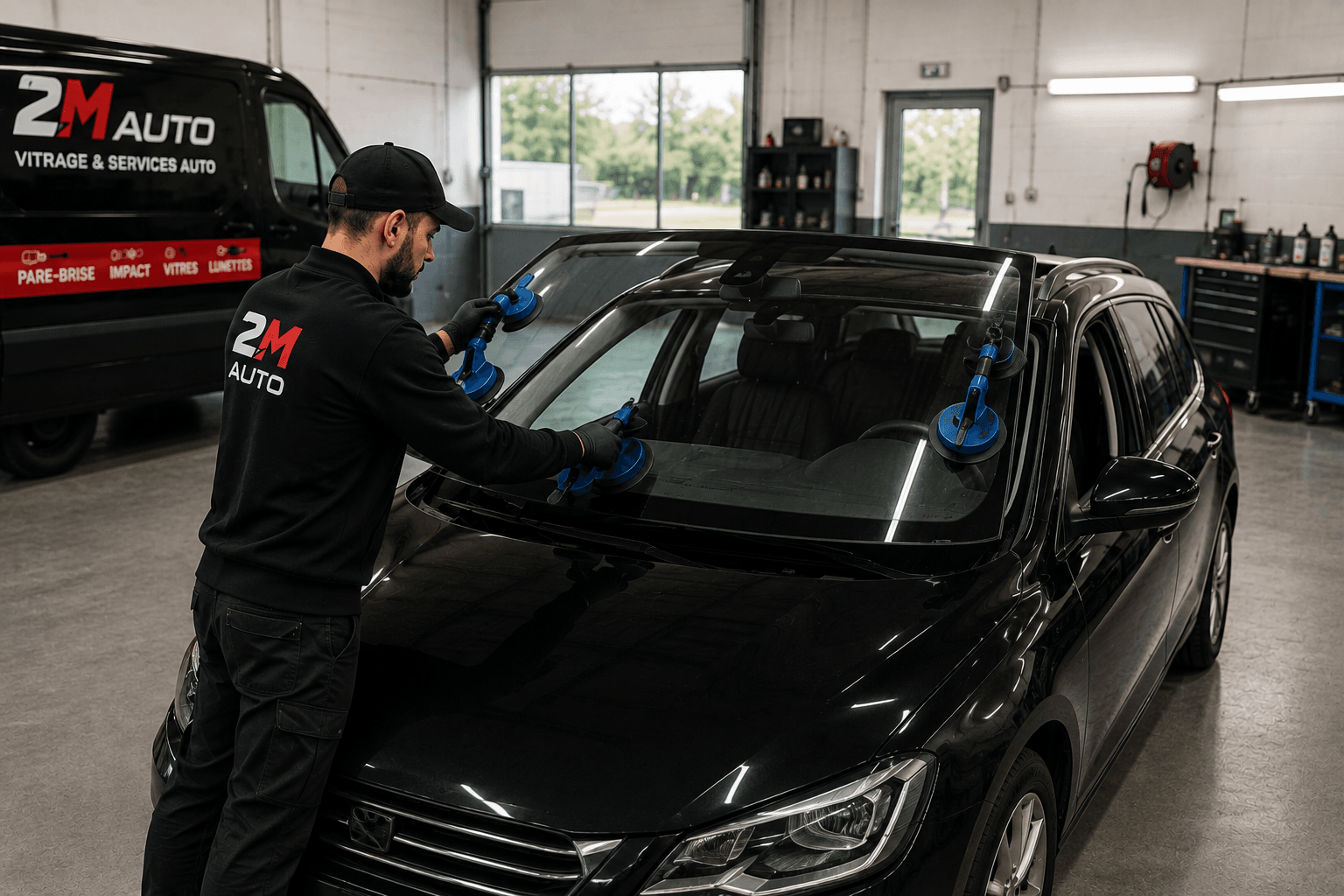 Technicien 2M AUTO procédant au remplacement d'un pare-brise